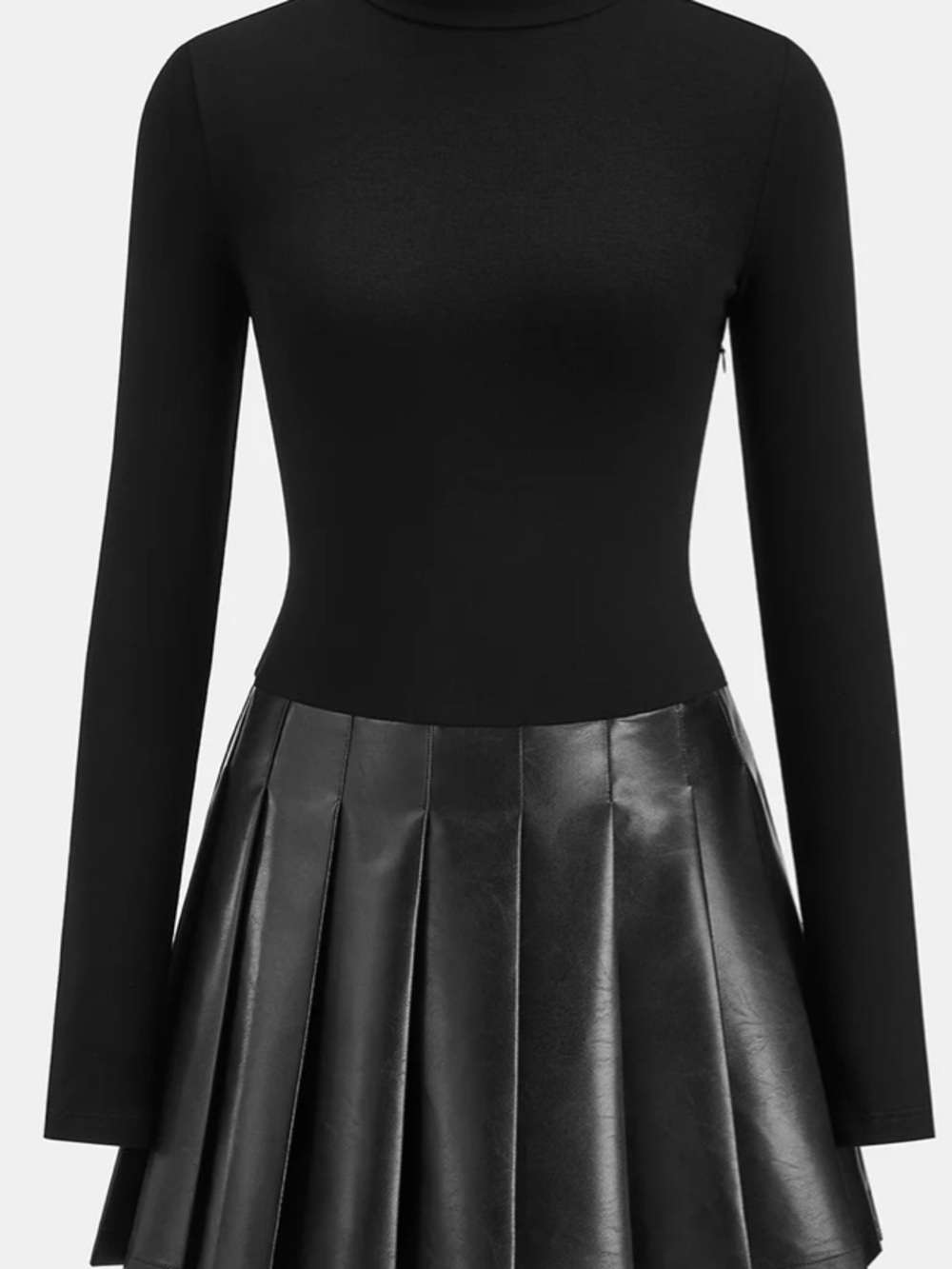 Women’s Black Long-Sleeve Knit Dress with Faux-Leather Pleated Hem